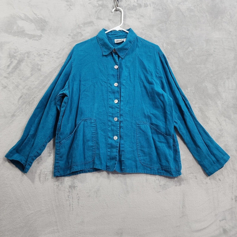 Chico's Design Top Womens 3 XL Blue Linen Long‎ Sleeve Button Up Pockets Relaxed